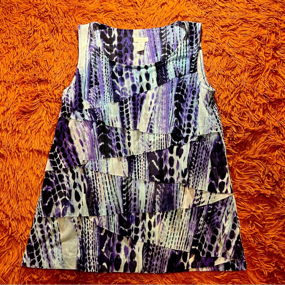 Chico's Size 0 Tiered Ruffle Tank Blouse Sleeveless Top Watercolor Feathers Blue